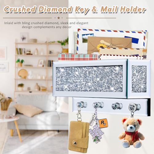 Crushed Diamond Key and Mail Holder for Wall, Crystal Mail Organizer Wall Mount, Mirror Mail and Key Holder Wall Mount for Entryway and Home Decor - color: Key and Mail Holder