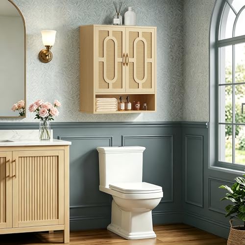 VECELO Rattan Bathroom Wall Cabinet, Medicine Cabinets with Adjustable Shelves, Wall Mounted Above Toilet Storage Organizer for Bathroom, Kitchen, Entryway