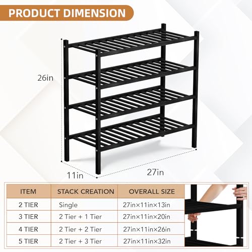 4 Tier Bamboo Shoe Rack Storage Organizer for Closet, Multifunctional Stackable Free Standing Shoe Shelf Organizer for Small Space,Entryway, Hallway, Bathroom27 x11 x26(Black, 4 Tier) - color: Black, size: 4 Tier