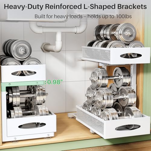 Under Sink Organizer, 2 Pack 2 Tier Pull out Cabinet Organizer Baskets with Mesh Sliding Drawers, Slide out Sink Storage Shelves for Kitchen, Bathroom, Pantry, Cabinet Organizers and Storage(White) - color: White, size: 2 Pack