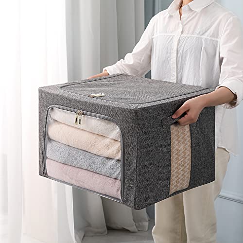 CYhom 3Pack Foldable Storage Bins - Frame Storage Box Linen Fabric Stackable Clothes Container Organizer with Clear Window & Carry Handles Large Capacity (Large-66L, Dark Gray) - color: Dark Gray, size: Large-66L