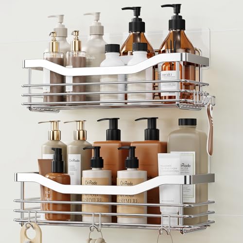 Orimade Shower Caddy Basket Shelf Storage Rack Pack of 2, No Drilling Wall Mounted Adhesive Rust Resistant Stainless Steel Shower Organizer with 5 Hooks for Bathroom, Toilet, Kitchen - color: Silver, size: 4.56"D x 11.02"W x 3.11"H