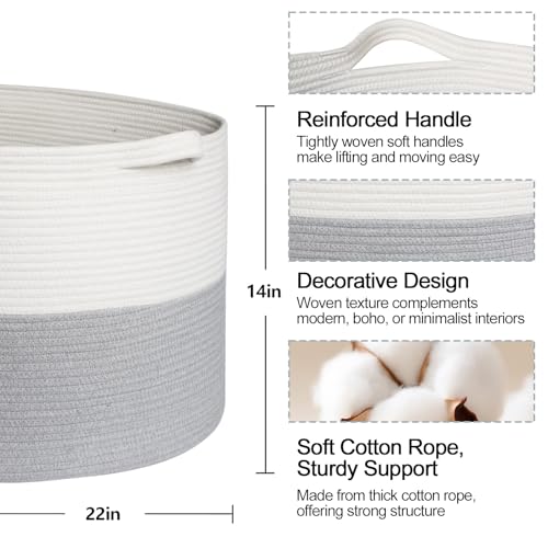 Extra Large Blanket Basket, 22"x14" Woven Cotton Rope Baskets for Organizing, Kids Dog Toy Bin Box, Large Wicker Blanket Storage for Living Room, Throw Pillow Holder Organizer, Gray/White - color: Gray and White