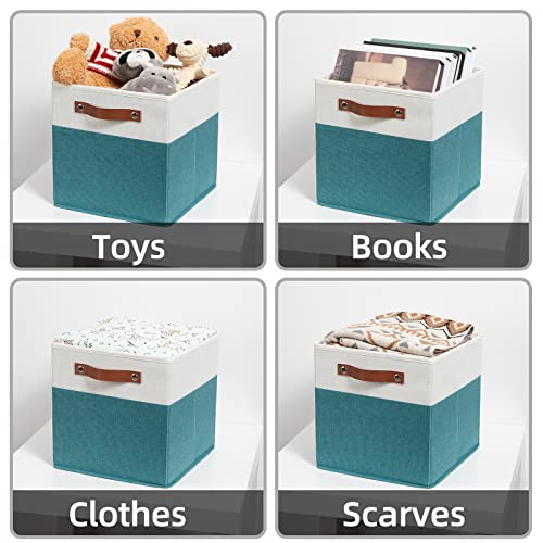 HNZIGE Fabric Storage Cube Bins Baskets for Organizing, 11 inch Cube Storage Bins, Set of 4, Collapsible Storage Bin with Handles, Closet Organizers and Storage Home Toy Nursery Bedroom(White Teal) - color: Teal White, size: 11"x11"x11"-4pack