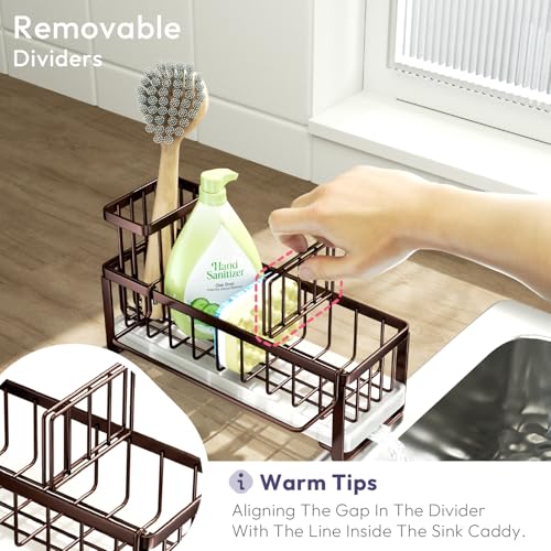 SWTYMIKI Sponge Holder for Kitchen Sink - Sink Caddy with Brush Holder Self-draining Sponge Caddy Organizer with Divider Stainless Steel Kitchen Accessories Storage for Countertop, Bronze - color: Bronze