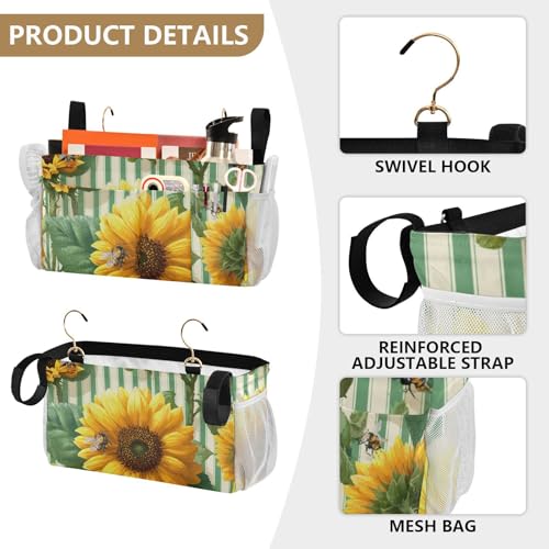Bedside Caddy Metal Frame Hanging Organizer Bunk Bed Dorm Accessories Hook And Loop Storage Bag Large Pockets Green Striped Sunflowers and Bees - color: Green Striped Sunflowers and Bees