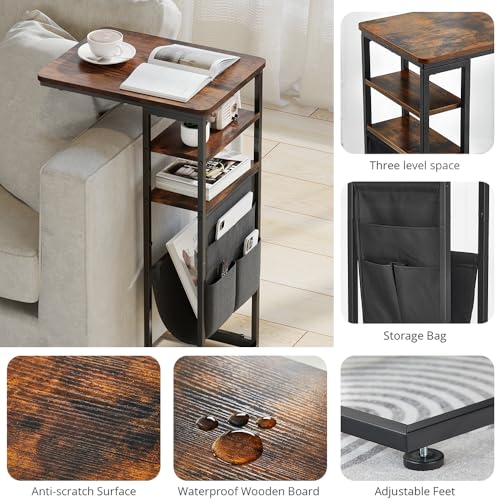 C Shaped End Table 28"(H) 3-Tier C Table with Storage Bag, Under Couch Table C-Shaped End Table with Storage Shelves and Bag for Living Room, Bedroom, or Office - color: Rustic Brown, size: Wood