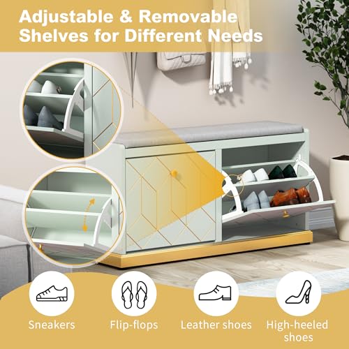 HLR Shoe Bench with Storage, Modern Entryway Bench with 2 Flip Drawer & Padded Cushion Seat, Shoes Storage Bench for Hallway, Closet, Living Room, Green Shoe Storage Cabinet with Bench - color: Green