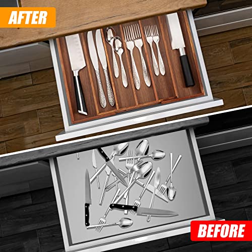 Bellsal Acacia Silverware Organizer Kitchen Drawer Organizer Expandable Bamboo Utensil Holder Cutlery Tray for Kitchen Utensil and Flatware Bedroom Office - color: Acacia, size: 7 Slots Expandable