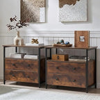 Edbuosy 27 inch Wide Night Stand Set 2 with Charging Station, Bedside Table with Open Shelf, 2 Drawers Small Wood Dresser, Modern Wood Nightstand for Bedroom/Living Room (Retro Brown) - color: 2 Pack, Retro Brown, size: 2 Drawers