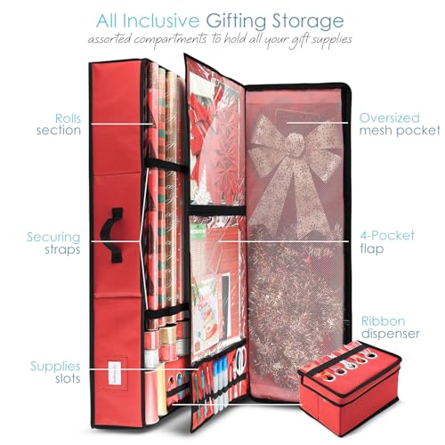 Hearth & Harbor Wrapping Paper Storage Container - Christmas Storage Bag with Ribbon Dispenser and Interior Pockets - Gift Wrap Organizer Fits Up to 26 Rolls of 40" Length, Red - color: Red, size: Large
