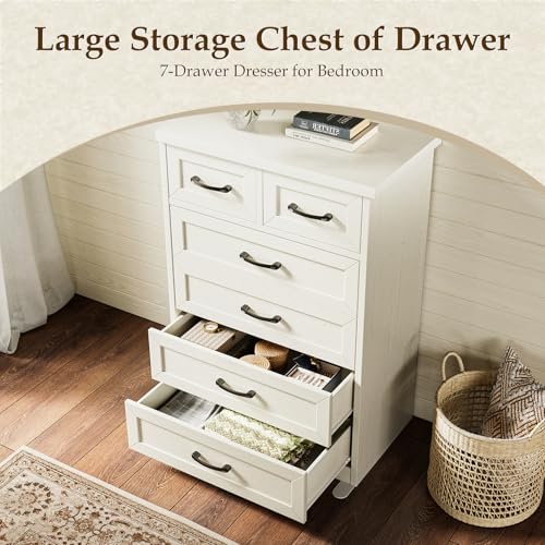 AODK Farmhouse Tall 6 Drawer Dresser for Bedroom, 5-Tier Vertical Storage Chest with Mixed Drawers, Engineered Wood Frame with Anti-Tip Safety, American Country Furniture, Vintage White - color: Vintage White, size: 15.7"D x 26"W x 38.2"H (6 Drawers)