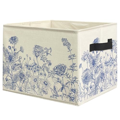 Blue and White Floral Storage Bin Box with Handles, Vintage French Country Toile Flower Foldable Linen Fabric Laundry Basket for Home Bedroom Bathroom Clothes Toys Books - color: Floral-H