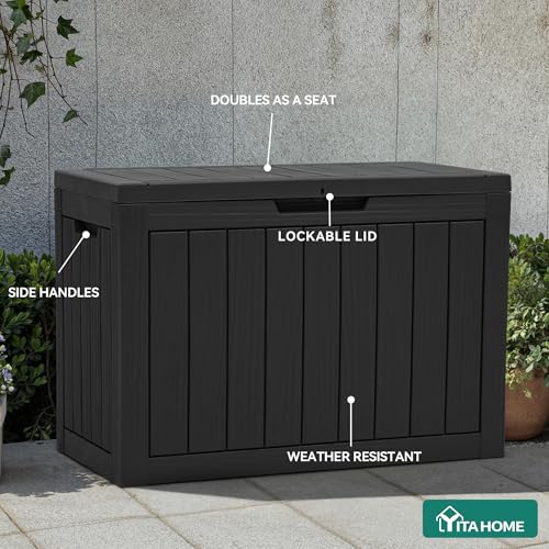 YITAHOME Outdoor Storage Box, 45 Gallon Waterproof Resin Deck Box, Lockable Organizer for Patio, Poolside, Deck, Cushions, Throw Pillows, Garden Tools, Black - color: Black, size: 45 Gallon, style: Deck Box