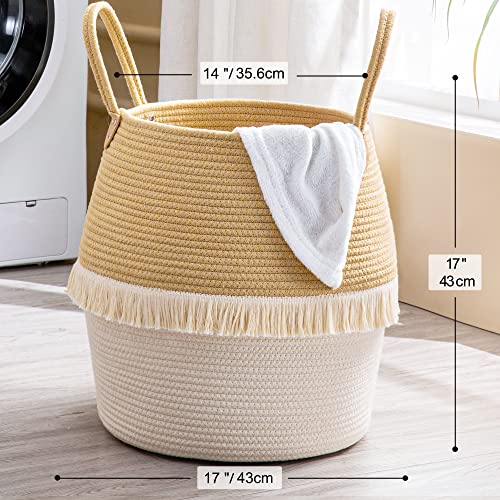 KAKAMAY Woven Baskets for Storage(17"x17"),Large Cotton Rope Woven Baby Laundry Hamper,Collapsible Laundry Basket, Blanket Basket for Organizing Living Room,Nursery,Pillows,Toy Chest(Beige) - color: Beige Fringe