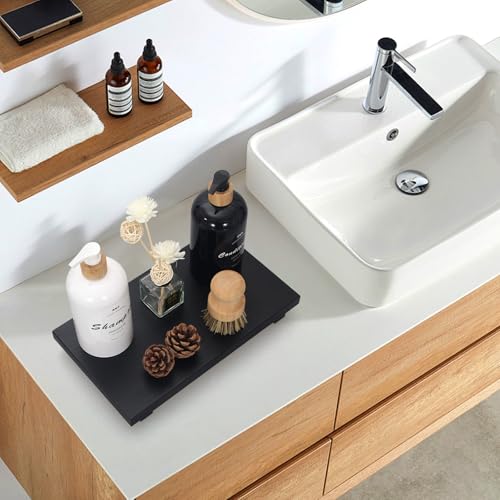 Black Bathroom Counter Tray Organizer Wood Risers Stand Kitchen Sink Trays Dish Soap Dispenser Holder for Countertop Modern Wooden Pedestal Display Farmhouse Bathroom Decor Accessories Vanity Tray - color: Black, size: 12" x 7" x 1.6"