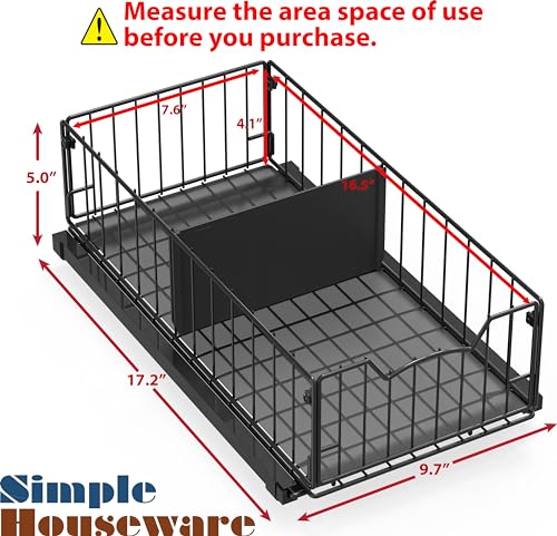 Simple Houseware Pull-Out Cabinet Sliding Basket Organizer, 17.2" D x 9.7" W x 5" H – Black, Ideal for Kitchen and Bathroom Cabinet Storage, Under Sink or Pantry Organization - color: Black