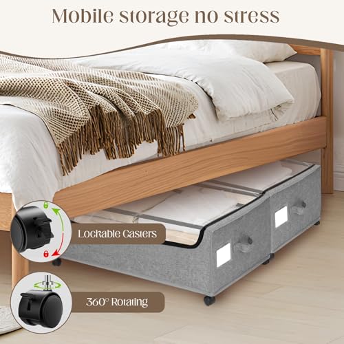 Under Bed Storage with Wheels, 2 Pack Under Bed Storage Containers, 10.6 inches Tall Underbed storage bins on Wheels, Rolling Under the Bed Metal Drawers for Clothes, Blankets, Shoes (XXXL, 90L)
