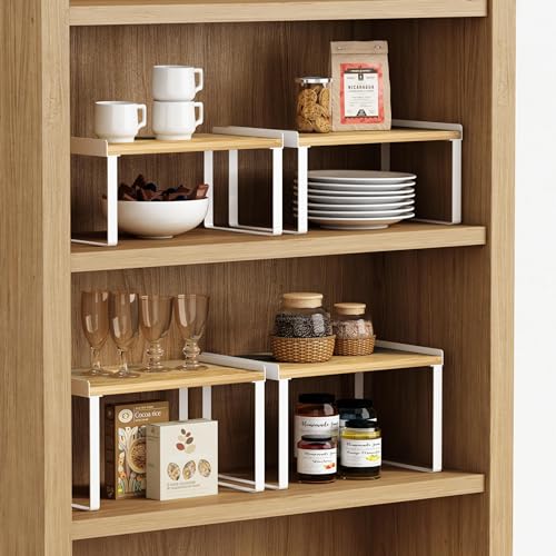 Goozii Kitchen Cabinet Organizer Set of 4, Desk Shelf Riser, Stackable Cabinet Pantry Cupboard Organizer, Kitchen Counter top Shelf, Storage Rack for Spices, Plates, Bamboo Wood, White - color: White-bamboo, size: Medium