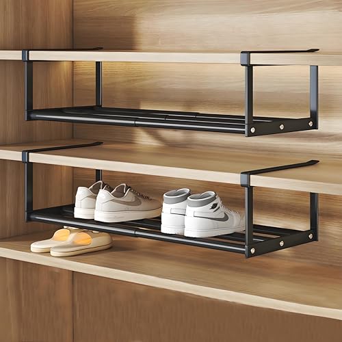 Hanging Shoe Organizer for Closet, Expandable Rack Organizer Under Cabinet Shelf - for Kitchen, Book or Clothing Storage and Organization. (Black-1Pcs) - color: Black