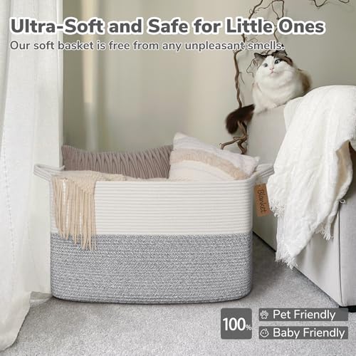 Goodpick Woven Storage Baskets for Organizing 22”x17”x12” Large Blanket Basket for Living Room Home Decor, Rectangle Rope Toy Basket for Kids, Gift Baskets Empty with Handles, Gray - color: Light Grey, size: 22"L x 17"W x 12"H