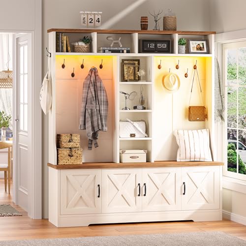 CSZZD Hall Tree with Bench and Shoe Storage, Farmhouse Entryway Bench with Coat Racks and Led Lights, Large Hall Tree with 12 Coat Hooks, 8 Storage Cubbies, Adjustable Shelf