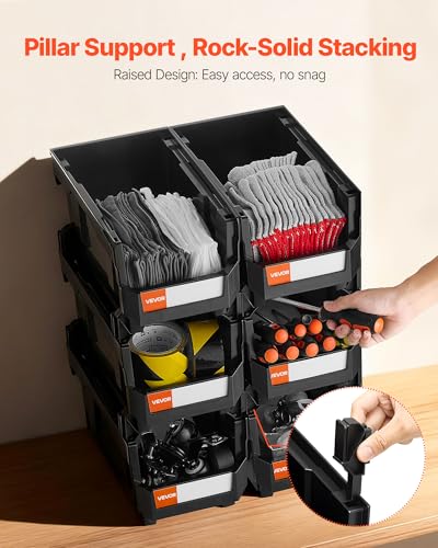 VEVOR Plastic Stackable Storage Bins, 14.8 x 8.5 x 7.1 inch (6 Pack), Plastic Containers for Organizing and Storage Bins for Closet, Garage, Small Parts, Office Supplies and Other Accessories, Black - color: Black, size: 14L