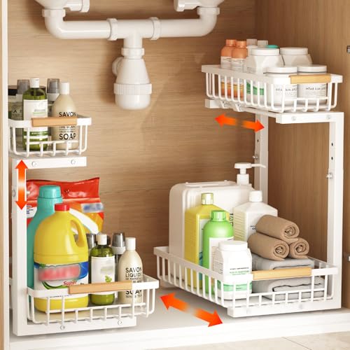 Under Sink Organizer, 2 Pack Under Sink Organizers and Storage, 2-Tier Pull Out Under Cabinet Organizer Storage Shelf, Metal Frame, Height Adjustable Rack for Bathroom Kitchen Pantry - style: White, 2-Pack