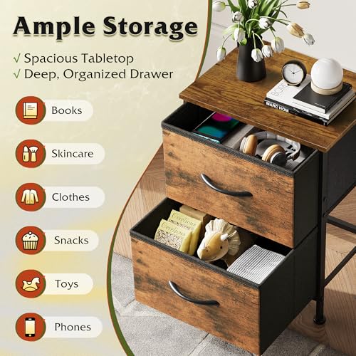 WLIVE Night Stand Set of 2, Small Dresser with 2 Drawers & Wooden Top, Nightstand with Fabric Bins, Bedside Table End Table for Bedroom, Closet, Entryway, College Dorm, Rustic Brown - color: Rustic Brown (Set of 2), size: 11.8"D x 15.7"W x 20.9"H