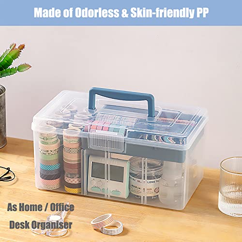 Clear Plastic Arts & Craft Supplies Organizer Box Large with a Removable Tray & A Partition & Handle, Office Home School Desktop Stationery Storage Box, Medicine Box (Clear & Ocean Blue) - color: Clear with Ocean Blue, size: Large