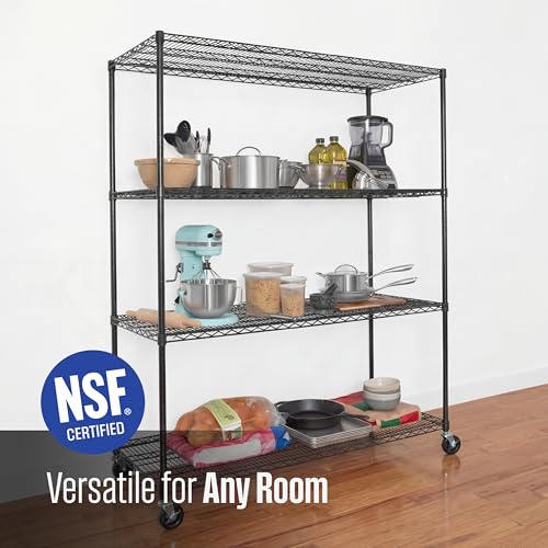 SafeRacks - NSF Certified Storage Shelves, Zinc, Heavy Duty Steel Wire Unit with Wheels and Adjustable Feet, Garage or Bakers Rack, Kitchen, Pantry Shelf - (24"x60"x72" 4-Tier) (Black) - color: Black, size: 24"x60"x72" 4-Tier