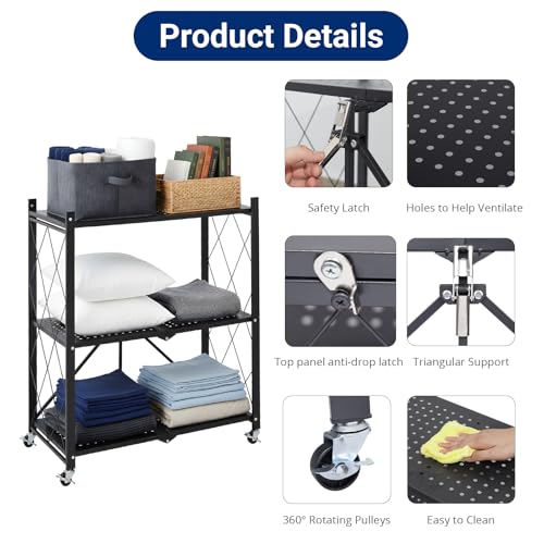 3 Tier Foldable Storage Shelves with Wheels, Metal Collapsible Organization Storage Rack, No Assembly Folding Bookshelf, Rolling Storage Rack for Kitchen, Bedroom, Pantry, Garage, Display, Black - size: 3-Tier