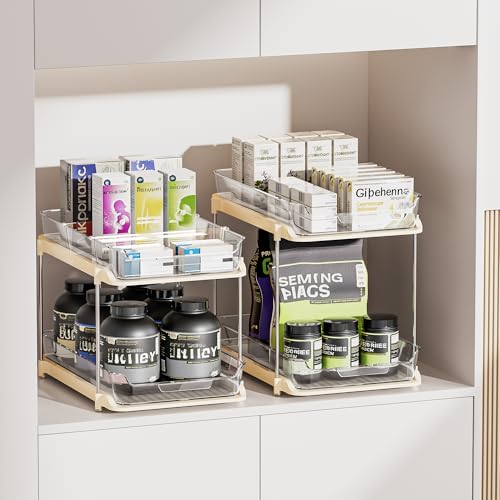 Delamu 2-Tier Multi-Purpose Bathroom Under Sink Organizers and Storage, Stackable Kitchen Pantry Organization, Pull Out Medicine Cabinet Organizer with Movable Dividers, Beige, 2 Pack - color: Beige, size: 2 Pack