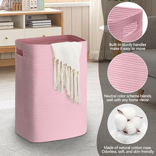 MEGASKET Large Laundry Hamper 16"x13"x22" - Tall Woven Laundry Basket, Cotton Rope Dirty Clothes Hamper, Baby Kids Nursery Wicker Laundry Basket, Bedroom Aesthetic, Soft Laundry Bin, Pink Hamper, 75L - color: Pink