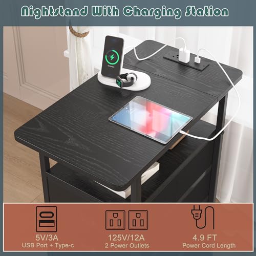 sthmec End Table with Charging Station,LED Side Tables with USB Ports and Outlets,Narrow Nightstands Bedside Tables with 3 Drawers PU Finish for Small Space,Slim Sofa Table for Livingroom,Black - color: Black, size: 11.75'' W*21'' D* 24.3'' H, style: Powe