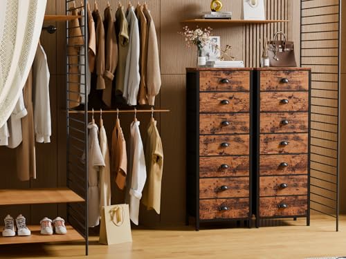 Furnulem Bedroom Dresser with 7 Drawers,Tall Industrial Fabric Chest of Drawers, Vertical Storage Tower Bedside Furniture in Living Room,Closet,Entryway-Sturdy Steel Frame(Rustic Brown) - color: Rustic Brown, size: 11.8"D x 15.8"W x 43.3"H (7 Drawers)