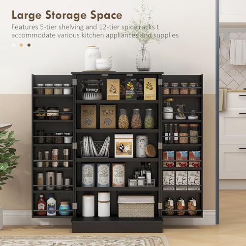 HOMCOM 41" Kitchen Pantry Storage Cabinet, Freestanding Kitchen Cabinet with 12 Door Shelves, Double Doors, 5-Tier Shelving and Adjustable Shelves, Black - color: Black, size: 41"H