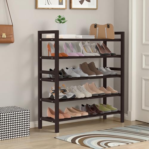 Haddockway Bamboo Shoe Rack for Closet, Free Standing Shoe Organizer with Smooth Round Rods & Convenient Handles, Stackable Shoe Storage Shelf for Entryway, Hallway(Brown, 5-Tier) - color: Brown, size: 5-Tier_Standard