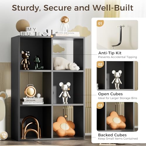 COMHOMA 6 Wood Cube Storage Organizer with Open Back and Removable Back Panels, 11In Black Cube Storage Bookshelf, Cubicle Shelf Bookcase for Home Office Bedroom Living Room, Vertical or Horizontal - color: 6 Cube-coal Black