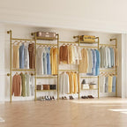 Higeego W5 Adjustable Clothing Rack, Wall Mounted Closet System Expandable Clothes Rack Adjustable Shelves, Heavy Duty Pipe Wardrobe for Walk-in/Reach-in Closet, 9-12 ft Wide 1300LBS Load, Gold - color: Gold