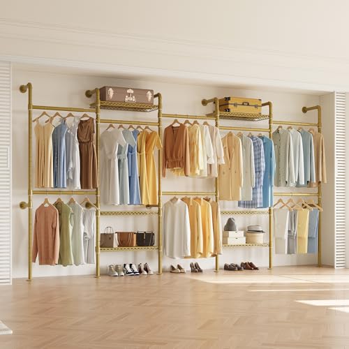 Higeego W5 Adjustable Clothing Rack, Wall Mounted Closet System Expandable Clothes Rack Adjustable Shelves, Heavy Duty Pipe Wardrobe for Walk-in/Reach-in Closet, 9-12 ft Wide 1300LBS Load, Gold - color: Gold
