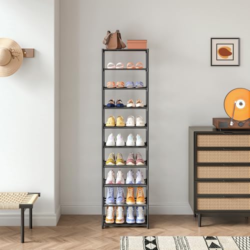 Autonomier 10 Tier Tall Shoe Rack, Narrow Lightweight Shoe Shelf, Compact Vertical Shoe Stand, Small Space Saving for Closet Floor, Dorm Storage Organizer, Front Door Entrance, Entryway