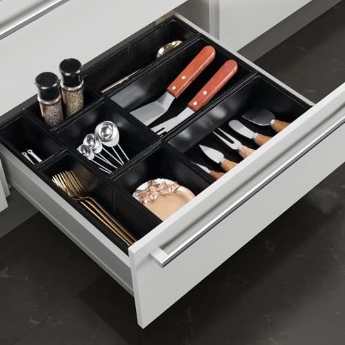 Bamboo Drawer Organizer Set, 8 PCS Black Multi-Use Drawer Storage Boxes, Junk Drawer Organizer Divider Bins for Bathroom, Kitchen, Office Desk, Makeup, Jewelry, Utensils - color: Black, size: 8PCS