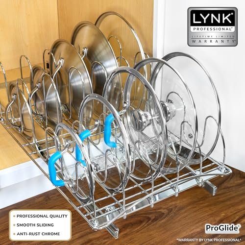 LYNK PROFESSIONAL® Pull Out Pot and Pan Lid Organizer Inside Cabinet - Lifetime Ltd. Warranty – Cookie Sheet Organizer for Cabinet – Slide Out Baking Sheet Organizer - 14W x 21D, Extra-Large, Chrome - size: 14W x 21D x 9H inches