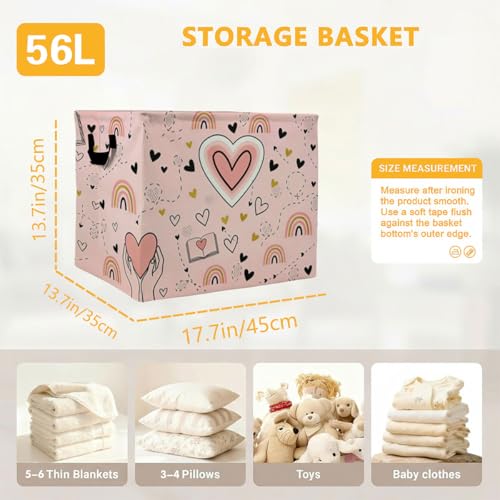 56L Heart Laundry Basket Clothes Hamper with Handles,Foldable Blanket Storage Large Laundry Hamper with Waterproof PE,Toy Storage Bin Organizer,Cube Clothes Organizer,Home Decor - color: Heart