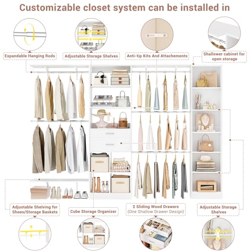 Besiost Closet System - 9.4FT/112" Closet Organizer System with Wooden Drawers,Closet Systems for Walk-In Closets with Hang Rods and Open Cabinet - color: White, size: 9.4FT