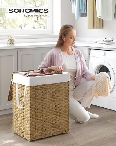 SONGMICS Laundry Hamper with Lid, 23.8 Gallon (90 L) Synthetic Rattan Clothes Laundry Basket with Lid and Handles, Foldable, Removable Liner, Goose Yellow ULCB51NL - color: Goose Yellow, size: 90 L