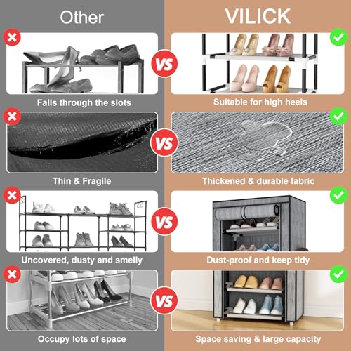 VILICK Shoe Rack with Cover Narrow Shoe Rack Organizer with 4 Side Pockets 10 Tier Tall Shoe Storage Shoe Shelf Holds 18-22 Pairs Shoes and Boots Shoe Rack for Closet, Printing - color: Printing, size: 10 Tiers-17.7" Wide