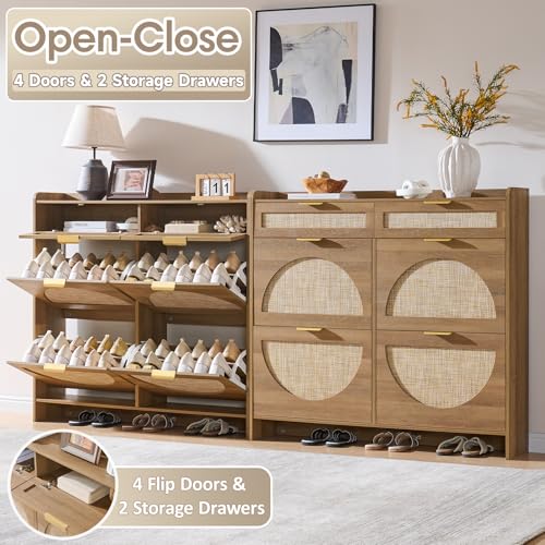 Rattan Shoe Storage Cabinet with 4 Flip Drawers & 2 Drawers, Freestanding Organizer for Front Door Entrance, Hidden Narrow Shoe Rack Cabinet Storage for Entryway, Rustic Oak Rattan - style: 4-Drawers