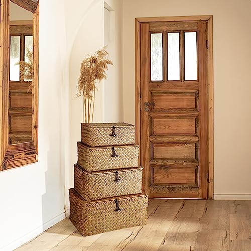 Woanger Set of 4 Wicker Storage Baskets Organizer，Handwoven Storage Bins with Lid for Organizing, Home Utility Box for Home Office Supplies Multipurpose Container(Orange) - color: Orange